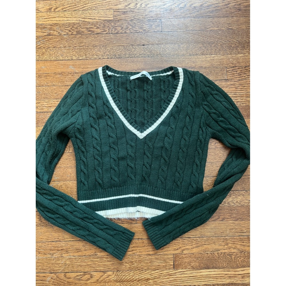 Altar'd State Green Cable Knit Varsity Cropped V-Neck Sweater Medium